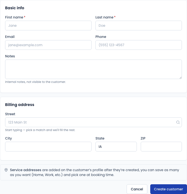 The new customer form — Basic info and billing address sections