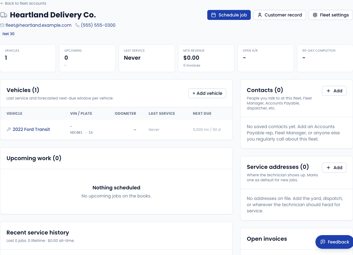 Fleet detail — contact info, vehicle list, service intervals, and a full work order history.