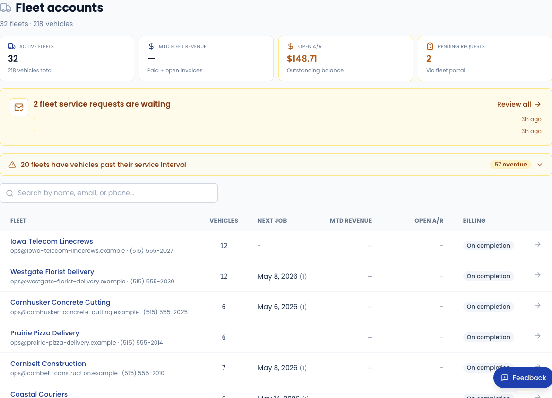 Fleet Accounts index — each row shows vehicle count, next scheduled job, month-to-date revenue, and open A/R.