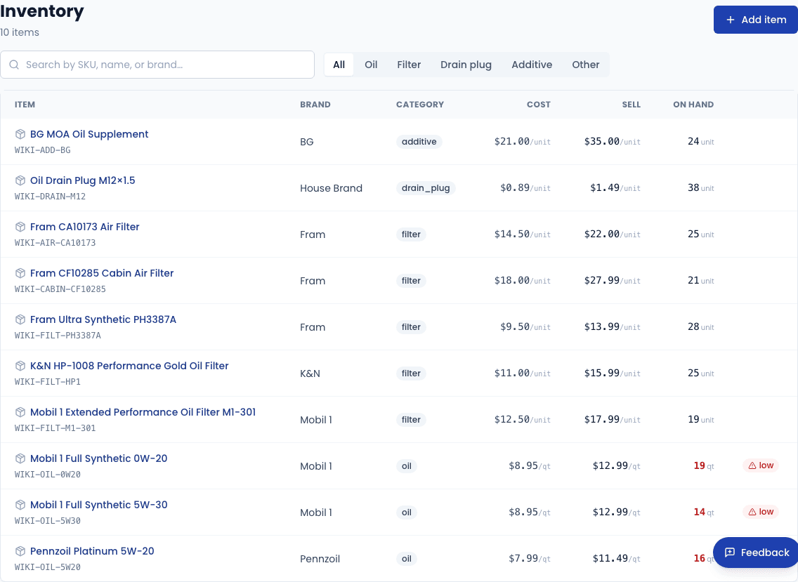 Inventory catalog — stock levels turn red when an item falls at or below its reorder point.