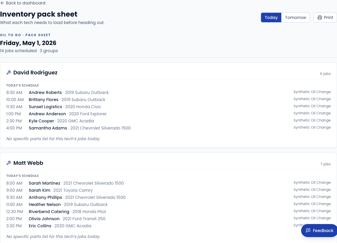 Pack Sheet for today's jobs — grouped by work order with item names and quantities to pull.