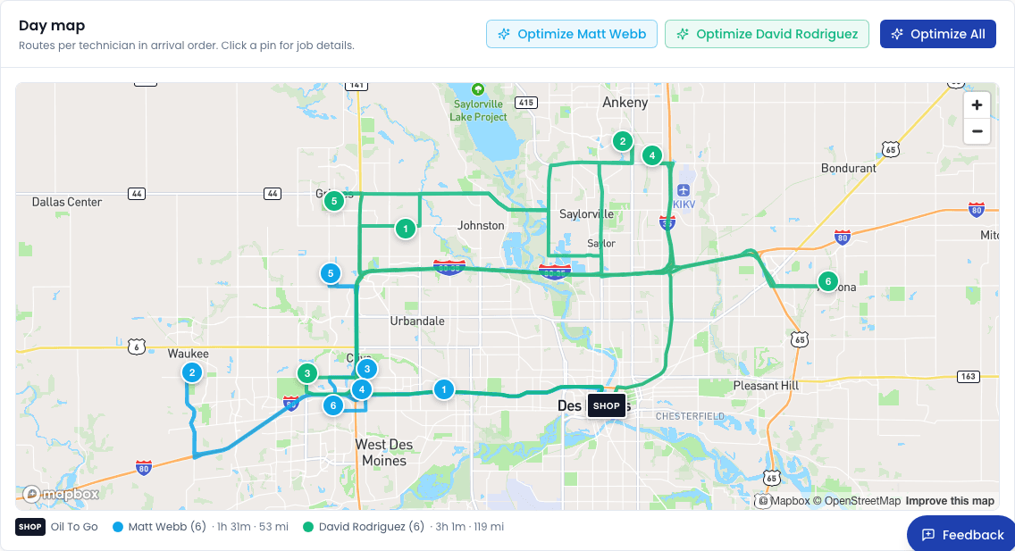 The map panel showing job locations for the day