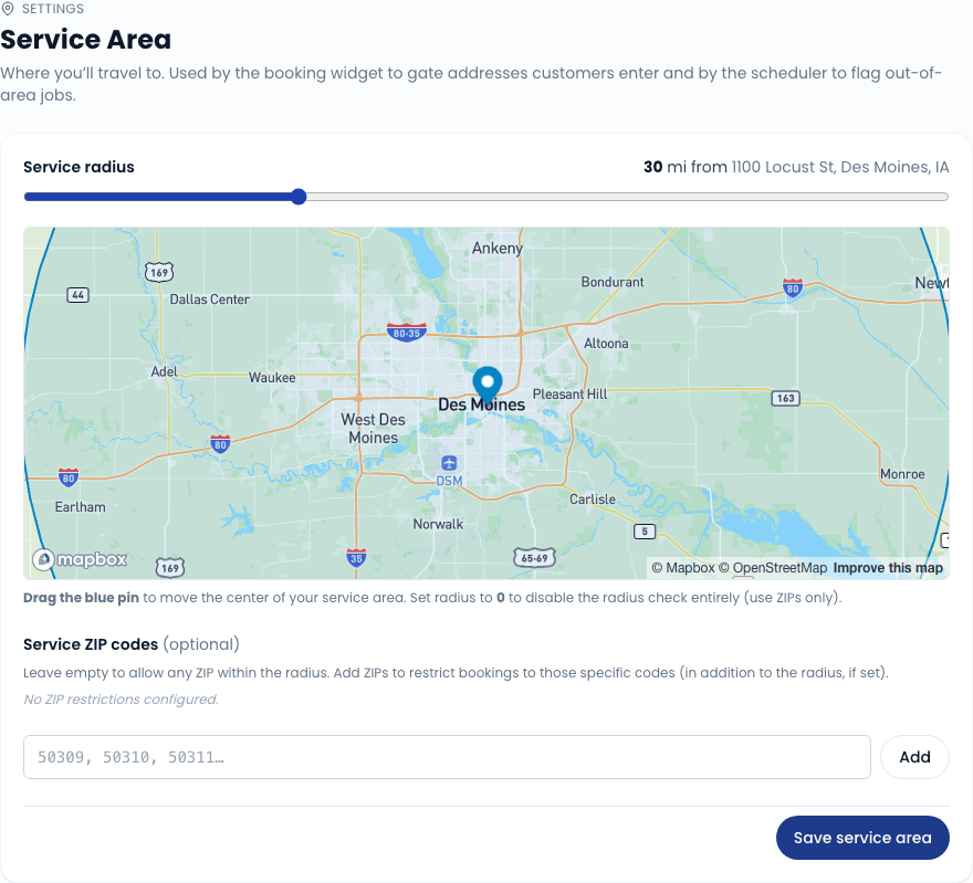 Service area settings - radius, ZIP allowlist, and map preview.