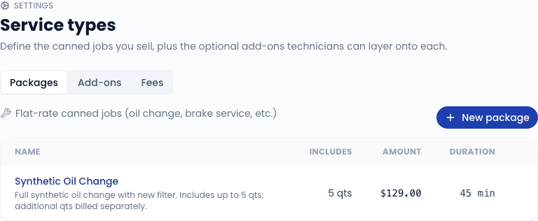 Service Types - tabs for Packages / Add-ons / Fees.