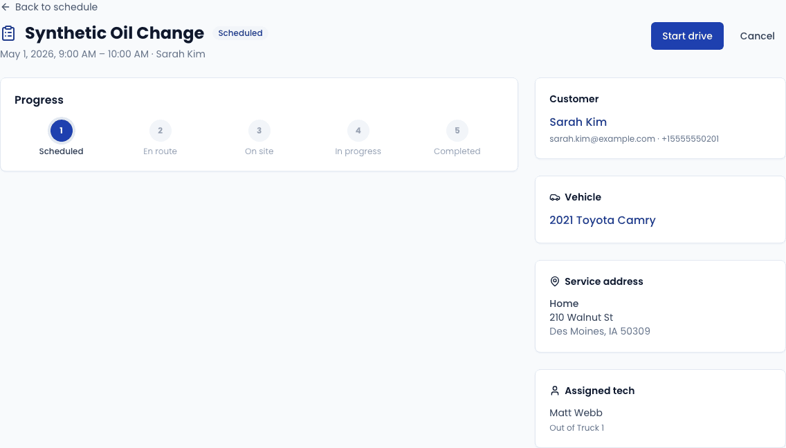 The work order detail page showing the progress timeline