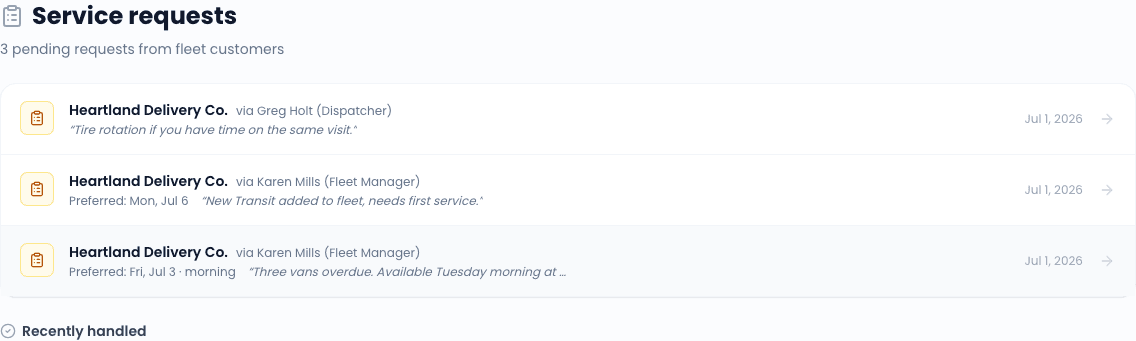 Pending fleet service requests - one row per submitted request.
