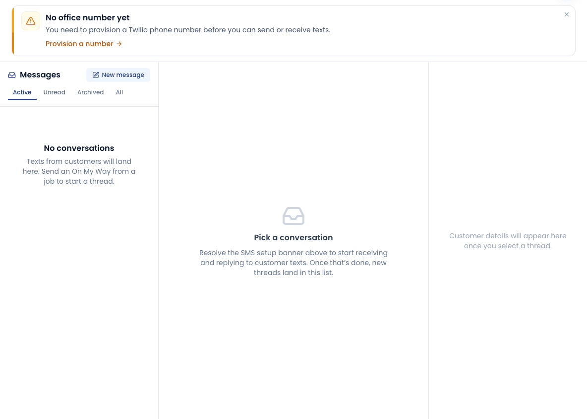 Three-pane SMS inbox - conversation list, timeline, customer panel.