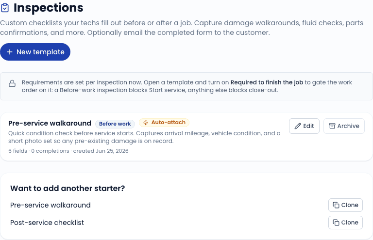 Inspections settings - templates list and the master Require Inspections toggle.