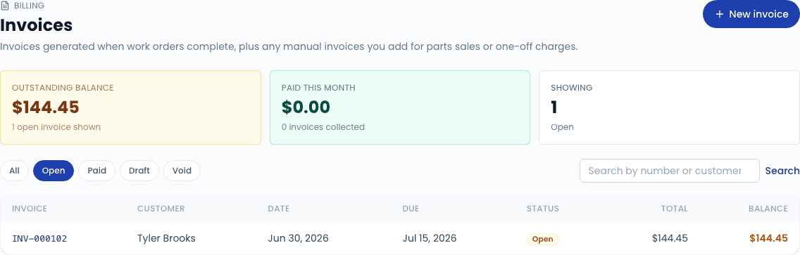 The Invoices index - status filter chips and one row per invoice.