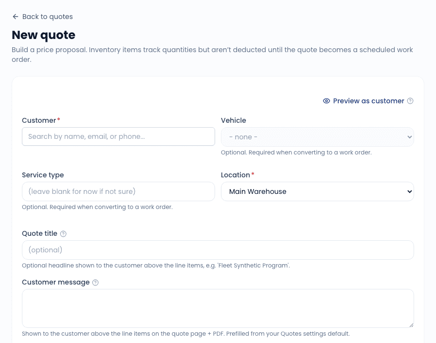 The new-quote form - customer typeahead, vehicle, line builder.