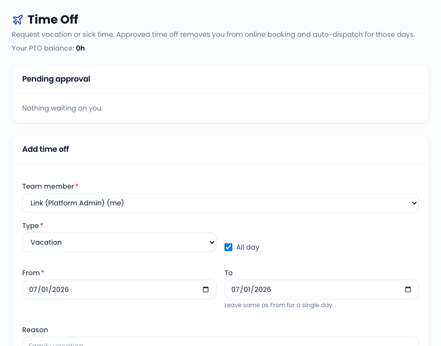 The Time Off page - PTO balance, request form, and the manager approval queue.