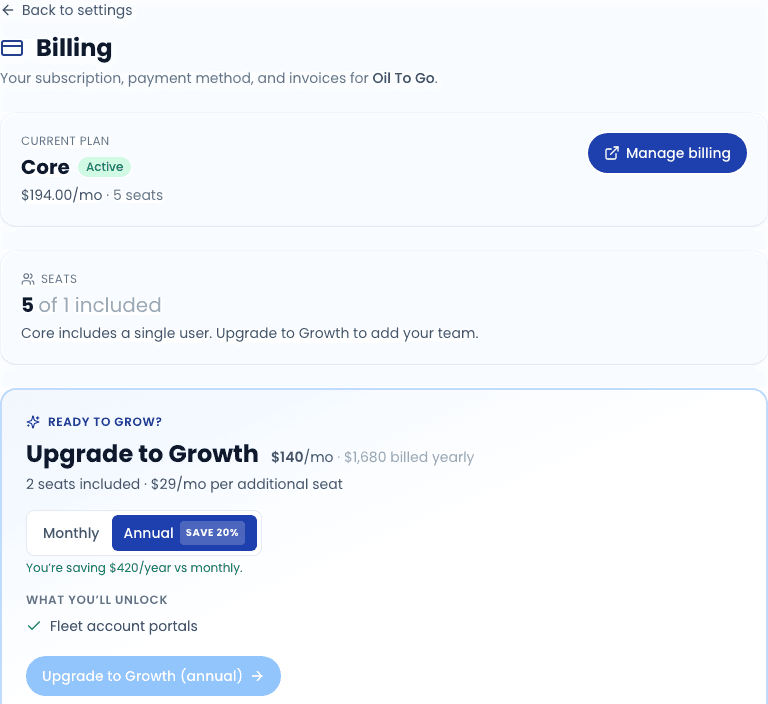Subscription billing - current plan, status, and Stripe portal actions.