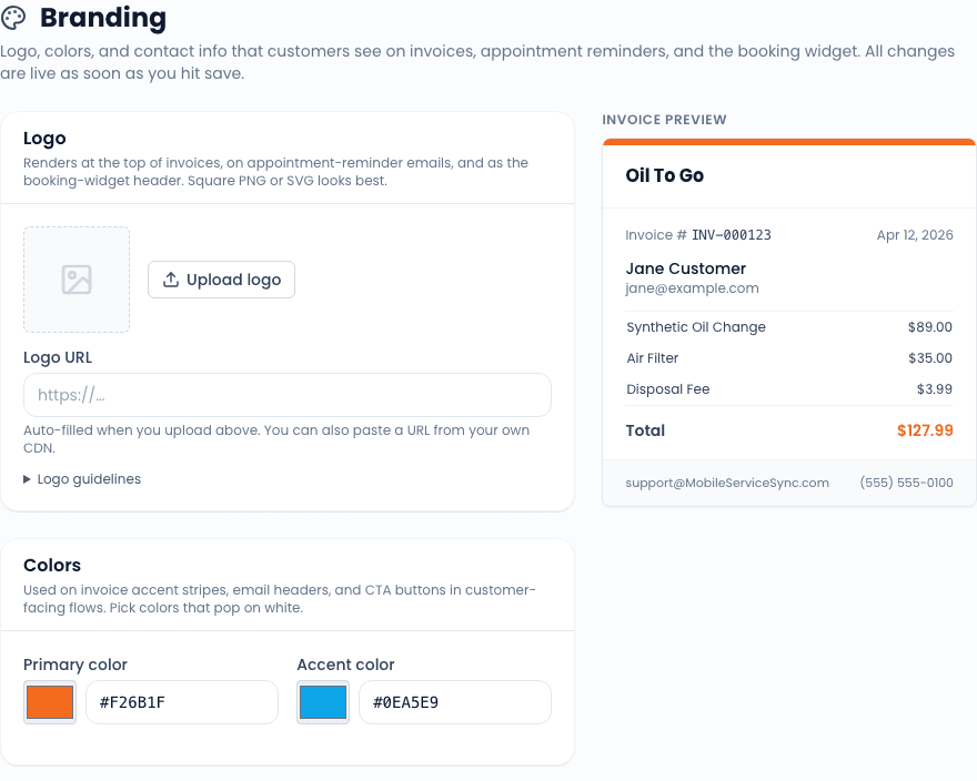 Branding settings - logo, primary color, accent color, and live preview.