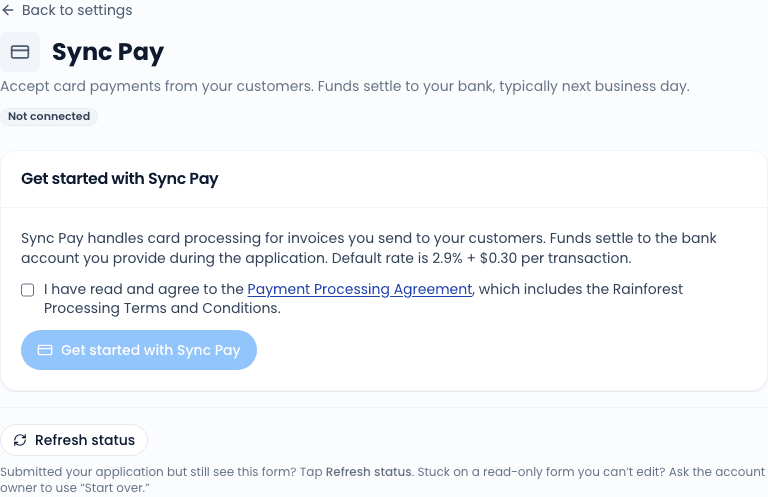 Sync Pay settings - KYB status, recent settlements, chargebacks panel.