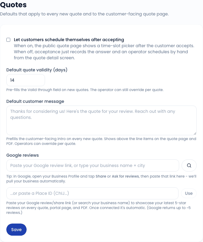 Quote settings - default validity period and customer self-schedule toggle.