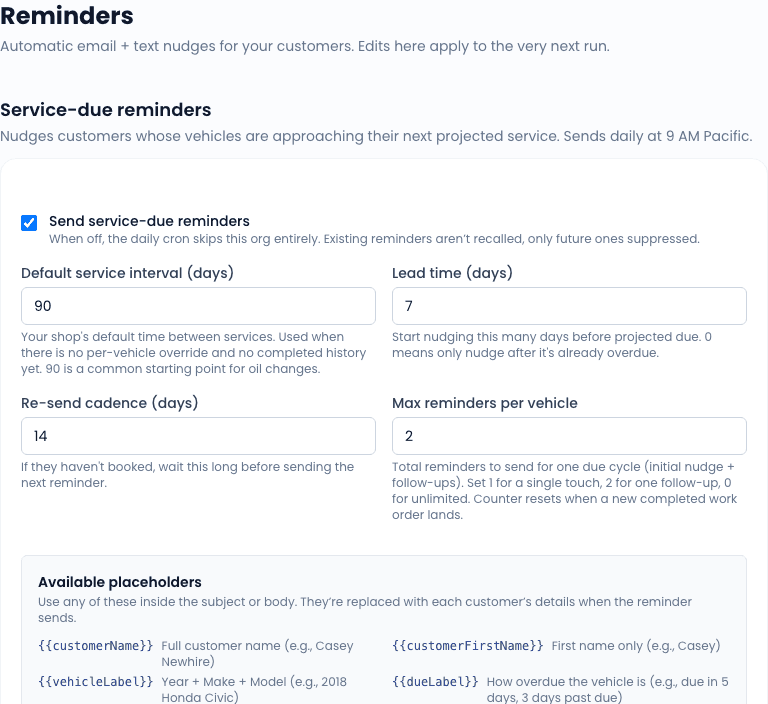 Reminders settings - service-due and appointment-reminder templates.