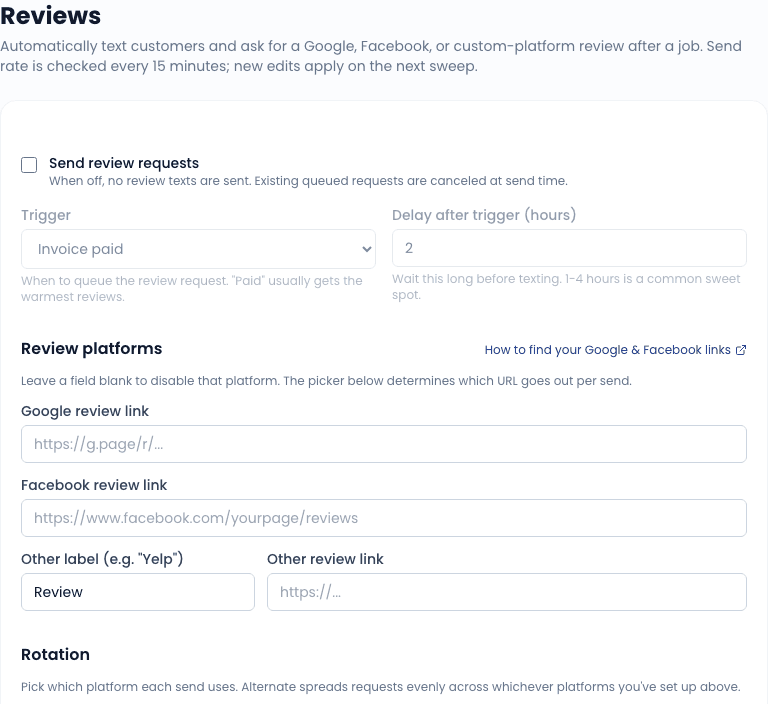 Review request settings - URLs, trigger, rotation, and SMS body.