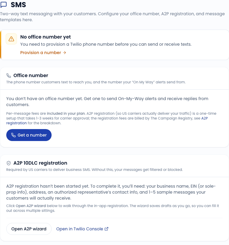 SMS settings - office number, A2P 10DLC registration status, and template links.