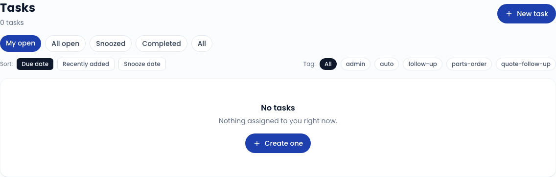 The Tasks list with filter chips (My open / All open / Snoozed / Completed / All).